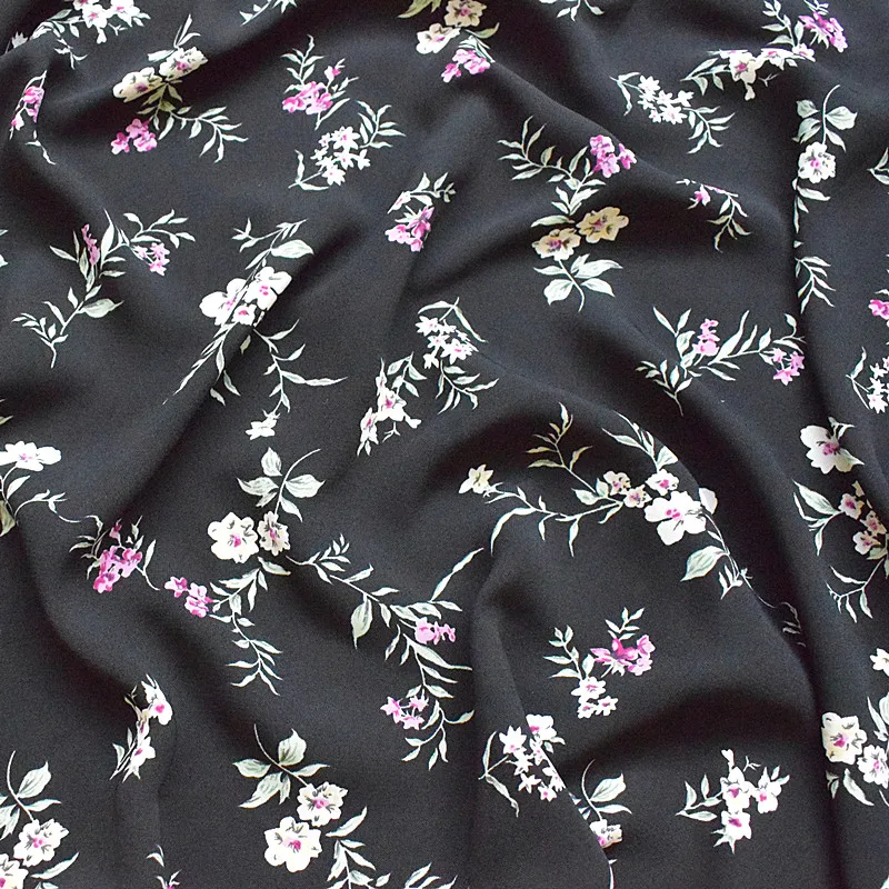 

High Quality Jute Chiffon Fabric, Spring And Summer Printed Fabric, Black Background, Small Broken Flowers, Impervious