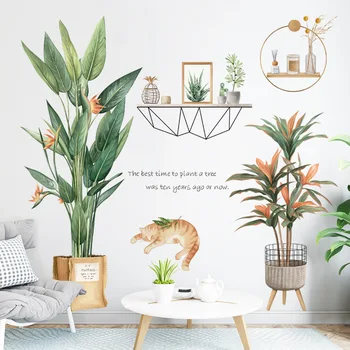 Nordic Green Plant Wall Stickers Leaves Fresh Stickers Warm Decoration Living Room Bedroom Flowers Cat Wall Stickers
