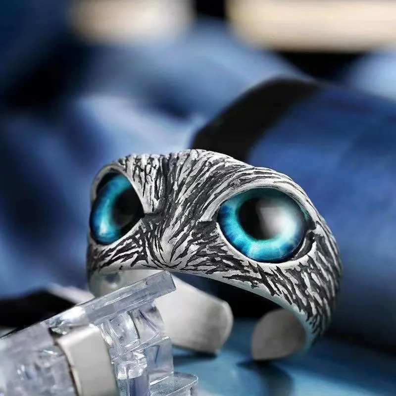 

S925 Sterling Silver Jewelry Retro Thai Silver Devil's Eye Creative Fashion Men and Women Opening Adjustable Owl Ring