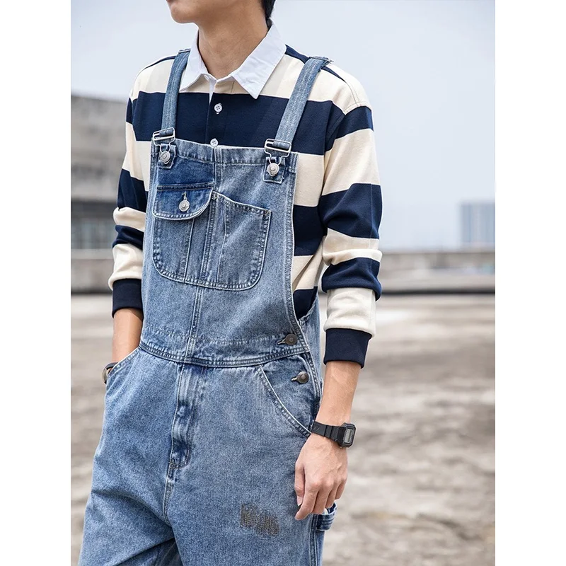 Men's Jeans Jumpsuit Denim Bib Pants Couple Hole Loose Straight One-piece Wide Leg Overalls Suspenders Rompers Ripped Jeans