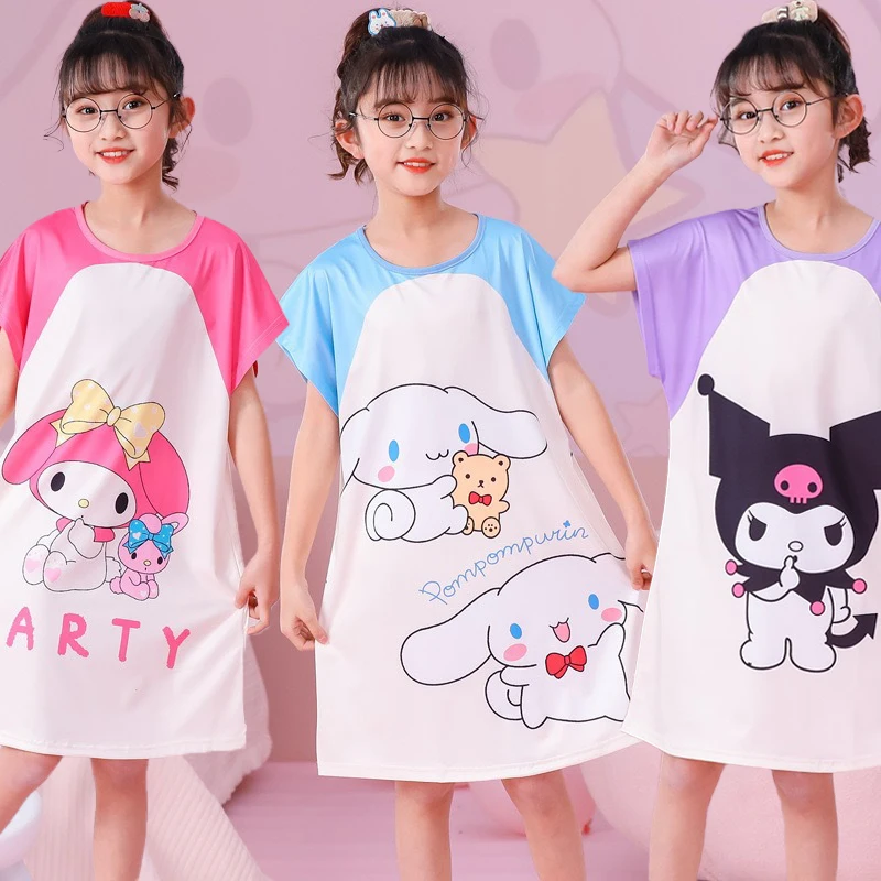 

Kawaii Sanrio Hello Kitty Cinnamoroll Girl Nightgown Anime Kuromi My Melody Summer Casual Thin Breathable Children Home Pajamas