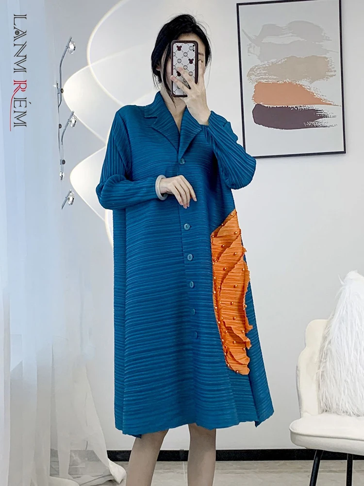

LANMREM лоскутное плиссированное платье для женщин с отворотом однобортное дизайнерское платье с длинными рукавами женская одежда 2023 Новинка 2YA1312