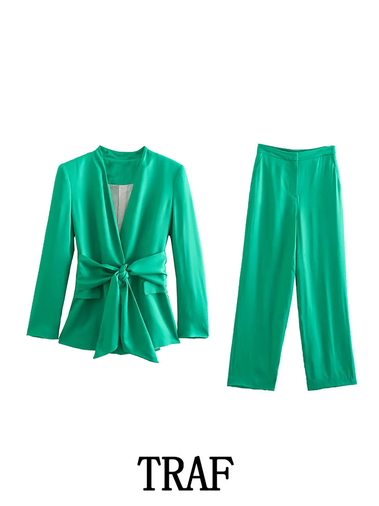 

TRAF ZA&ree 2022 2 Pieces Ladies Bow Blazer Suit Sets Office Lady Solid Jacket+ Wide Leg Trousers Long Sleeve Long Pant Outfits