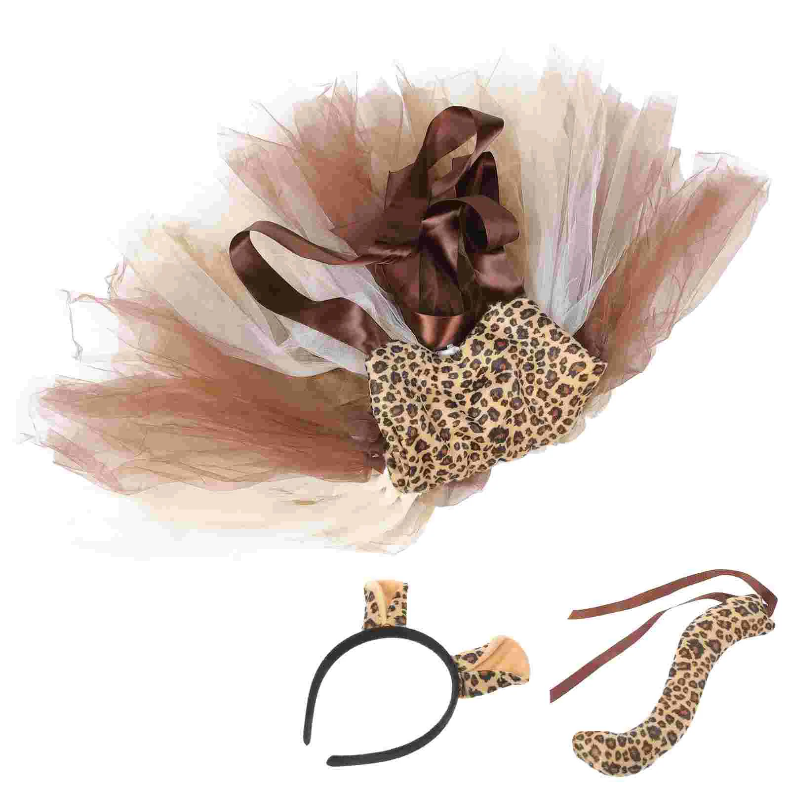 

1 Set of Girls Leopard Dress Headband Tail Cosplay Set Girls Halloween Costume Outfit Party Costume
