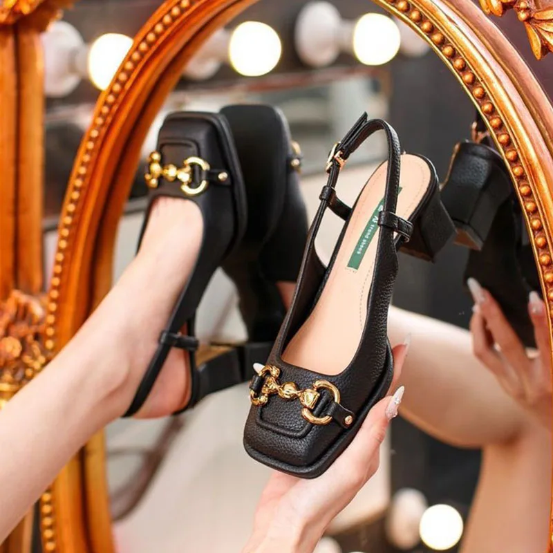 

Женские туфли мэри джейн на среднем каблуке 5,5 см, туфли на толстом каблуке во французском стиле, с квадратным носком, черного и зеленого цвета, на лето, 2023