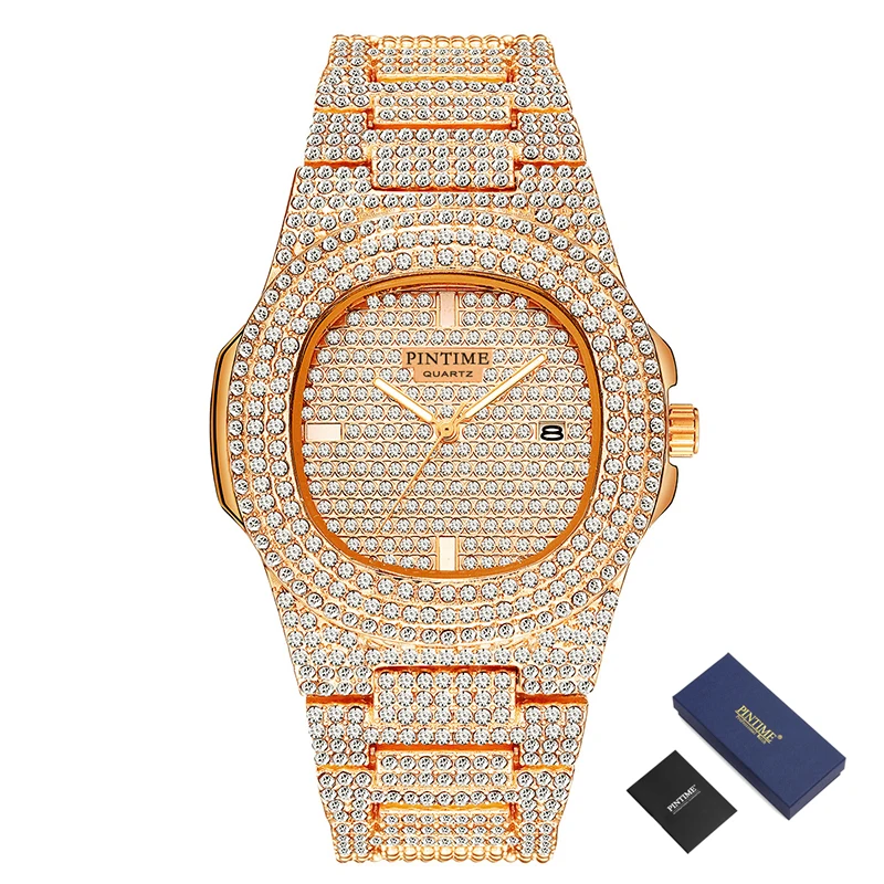 

PINTIME Iced Out Watch Men Diamond Steel Gold Men Watches Top Brand Luxury Calendar Male Wristwatch Relogio Masculino Relojes