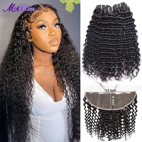 Пучки глубоких волн с кружевной фронтальной частью 13x6, прозрачные кружевные фронтальные части и пучки Глубокие вьющиеся пучки человеческих волос с застежкой спереди