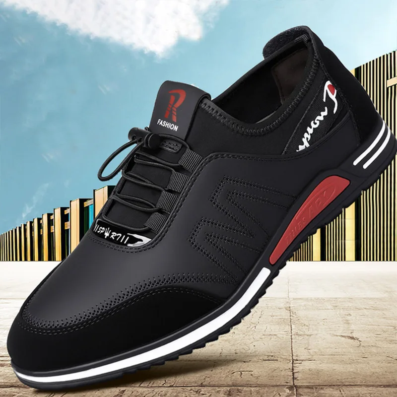 

Elastic Shoe Mouth Casual Shoes Men Leather Shoes Soft Flat Business Man Footwear Autumn Winter 2023 Elastic Band Brand Sneakers