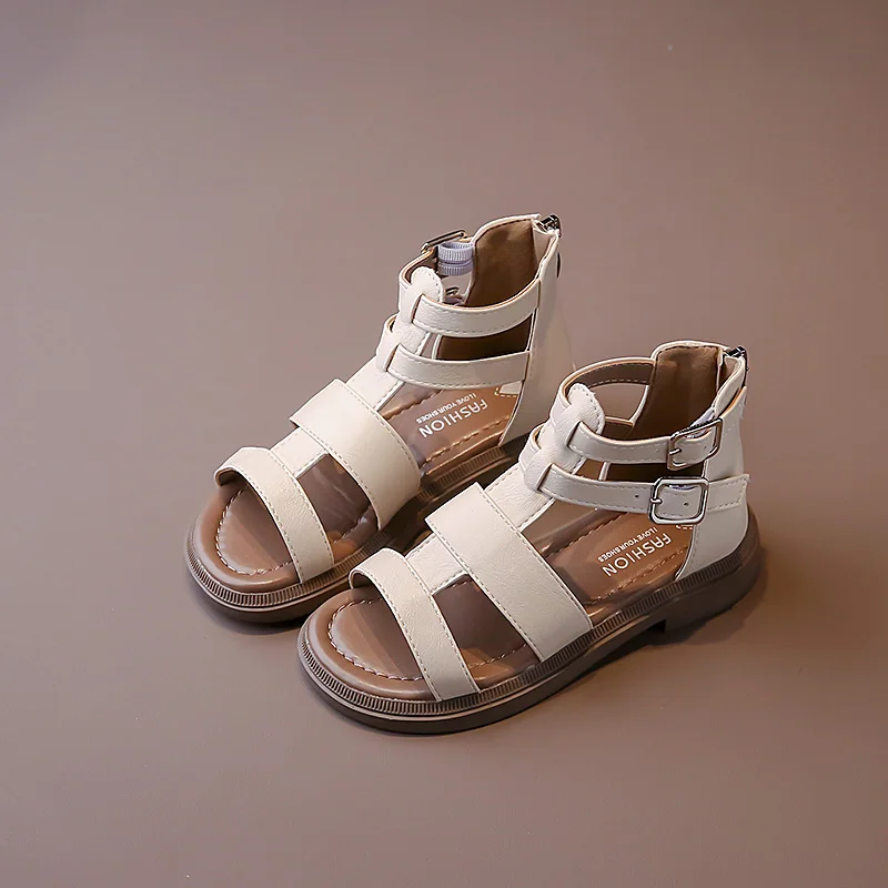 

2023 Boys Shoes GLADIATOR Versatile Solid Color Britain Style Soft Simple Non-slip Back Zipper Girls Sandals Platform Kids Shoes