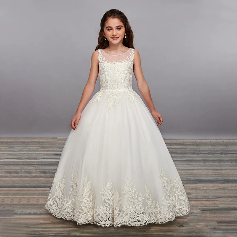 Детское бальное платье Золушки белое с цветочным рисунком и аппликацией для