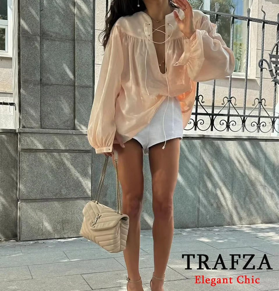 TRAFZA женская повседневная рубашка на шнурке свободная весна-лето 2025 новая офисная
