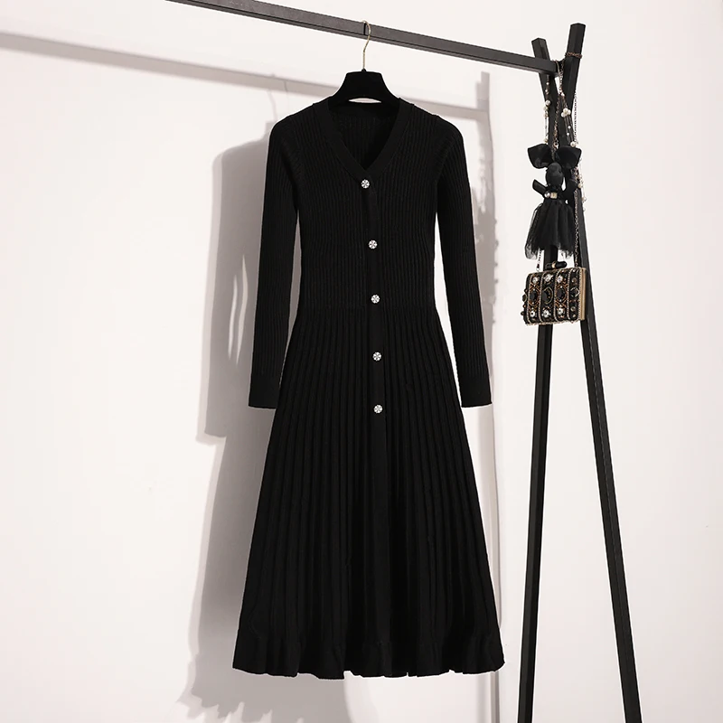 Женское однотонное вязаное платье с V-образным вырезом и длинным рукавом