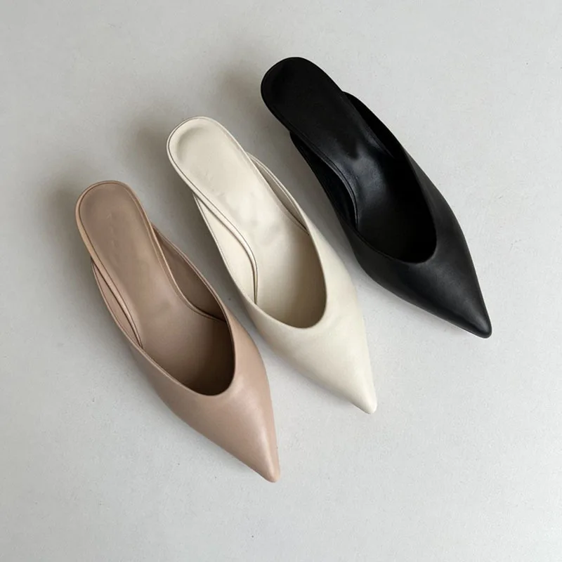 

2022 Summer Sheepskin Shoes For Women Shallow Mouth Baotou Casual Slippers Fashion Commute Medium Heel Shoes Elegant Heels