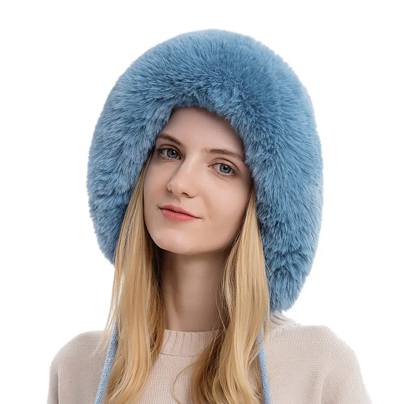 Winter Warm Knitted Hat Fur Women Hat with Earflap Two Balls Lady Outdoor Thicken Plush Fluffy Cap Russian Hats for Women