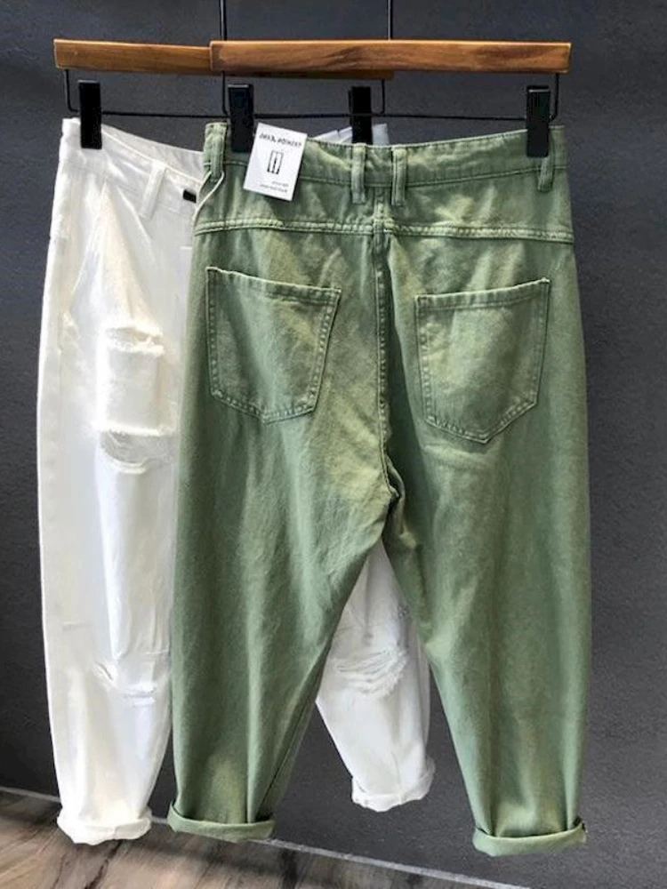 

2022 Women Women And Men Waist Jeans Color Loose Summer Thin Men Denim Straight Harem High Jeans Holes And Pants Ankle-length