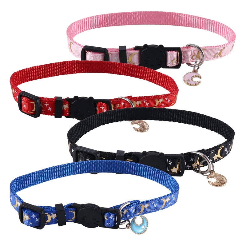 4Pcs Cute Cat Collar With Moon And Stars Pendant Adjustable Puppy Kitten Necklace