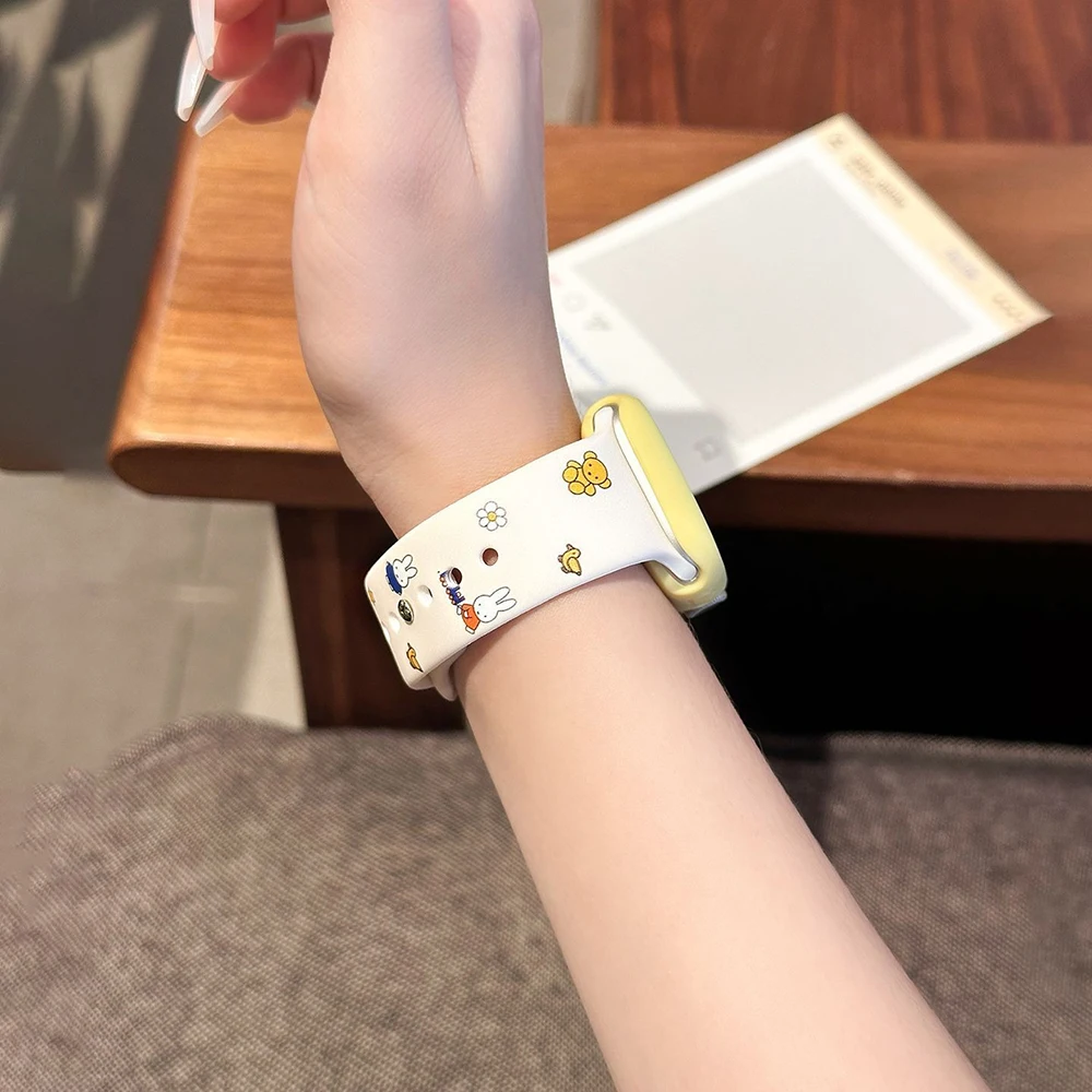 Фото Kawaii Miffy Iwatch S1/2/3/4/5/6/7/8/9/10/SE/Ultra1/2 ремешок для часов с циферблатом, защитный чехол, милый ремешок для часов, силиконовый чехол для девочки, подарок №4