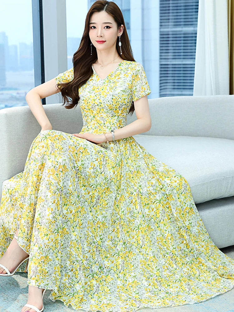

Chiffon Yellow Floral Casual Beach Maxi Dresses 2022 Summer Vintage Women Chic Elegant Bodycon Fashion Party Evening Prom Dress