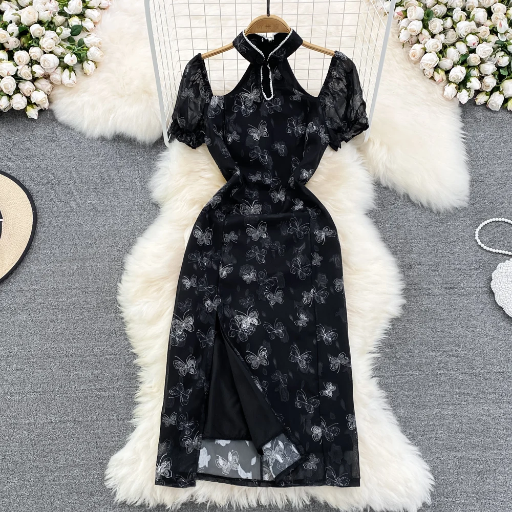 

Китайский стиль, улучшенный стиль, Cheongsam, Ретро стиль, с вырезом на шее, с открытыми плечами, с короткими рукавами, приталенное платье средней длины с разрезом