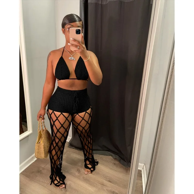 

Hollow Fishnet Crotchet Two Piece Set Women Summer Beach Sexy Fashion Halter Lace Up Bra Stitching Trousers Vocation Outfit