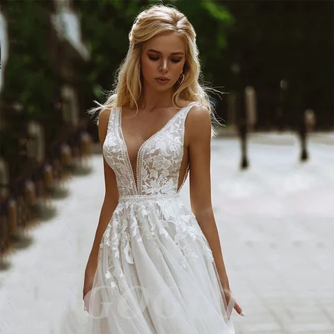 GOGOB Elegant Tulle Wedding R191 Dresses For Women Bride V-Neck Lace Appliques Bridal Gowns Ball Vintage Plus Size