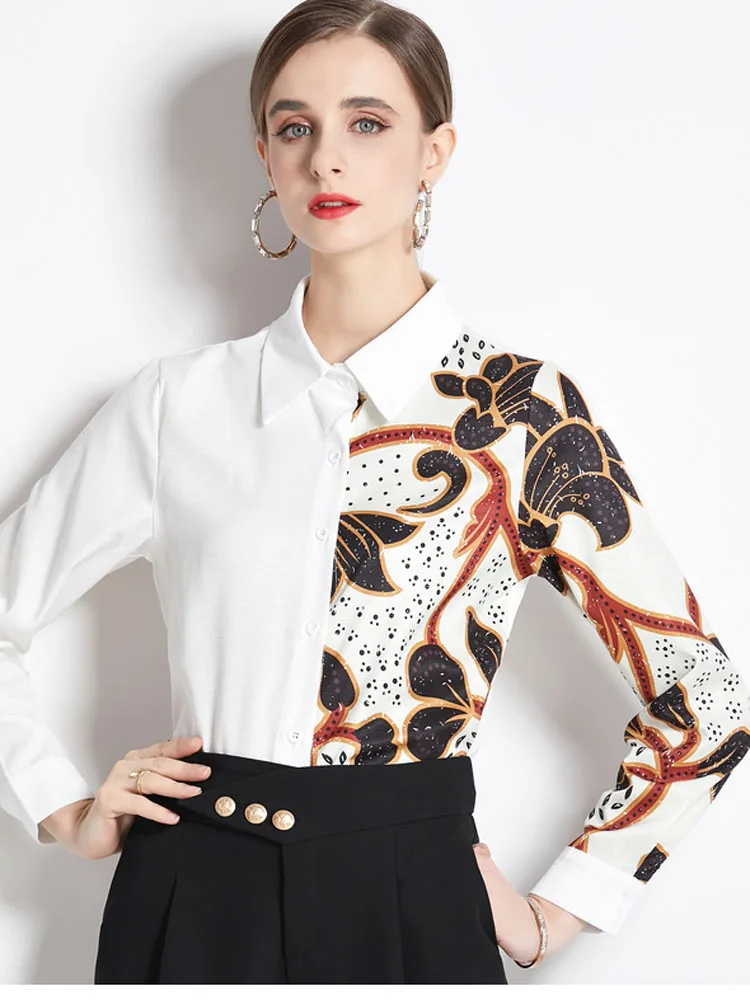 

2022 Spring Autumn Blouses New White Elegant High Fashion Polo Neck Long Sleeve Blouse B31