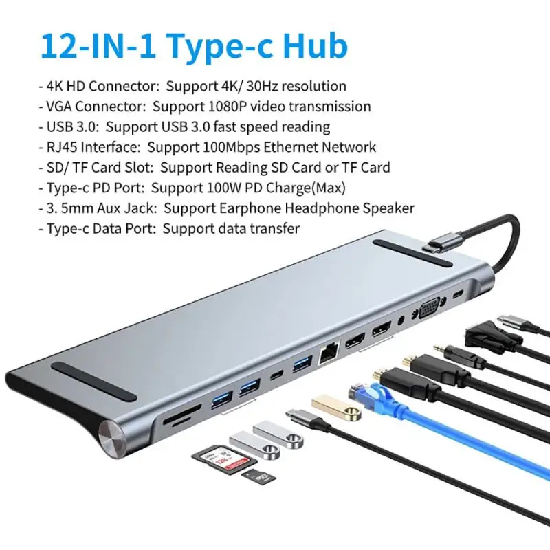 

RYRA 12-in-1 Type-C Hub USB 2 HDMI-compatible 4K RJ45 SD/TF VGA USB 3.0 Cable Splitter Docking Station Adapter With Audio 3.5mm