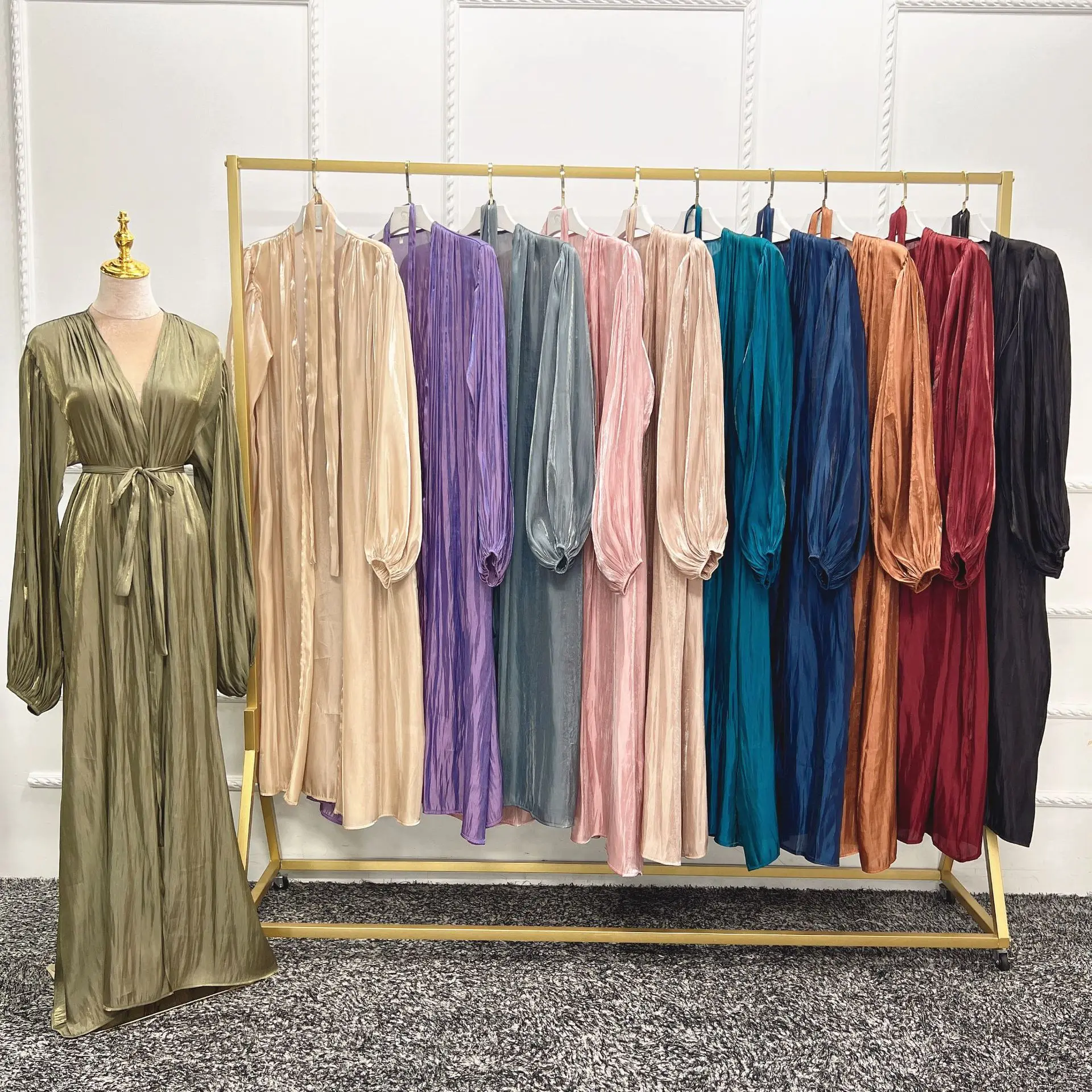 Silky Open Abaya Kimono Cardigan Summer Shiny Puff Sleeve Abayas for Women Dubai Turkey Muslim Hijab Dress Islam Clothes Kaftan