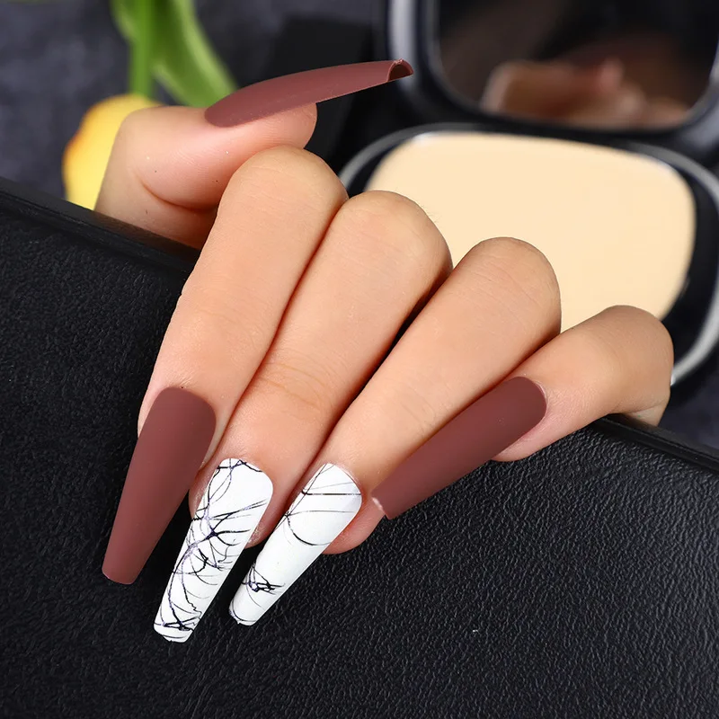 

24pcs Long Ballet Wire Drawing Frosting Armour False Nail Wearing Manicure Finished Fake Nail Patch Press on Nails Free Shipping