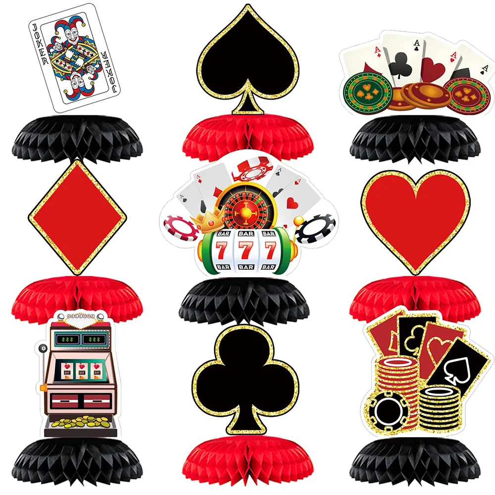 

9 Pieces Casino Theme Party Decorations 3D Honeycomb Table Centerpieces Adult Favor Poker Red & Black Birthday Party Supplies