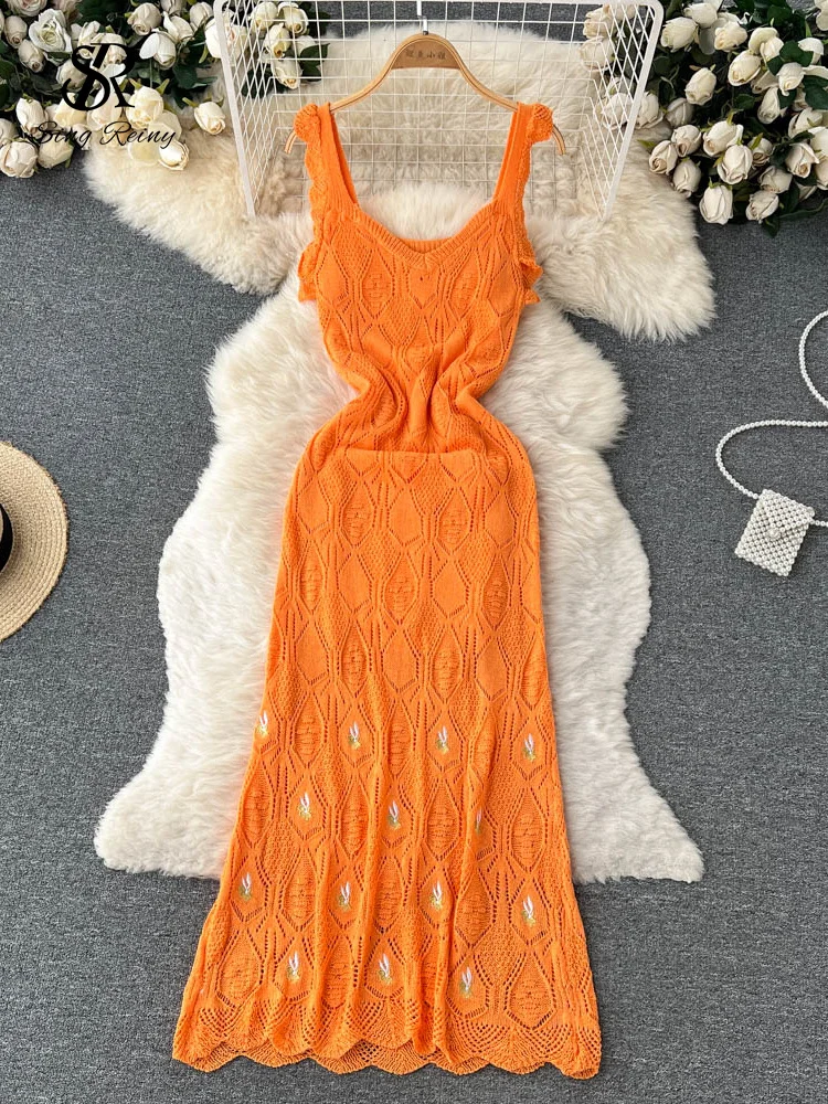 

LIRUICHENG Embroidary Dress Women Sleeveless Knitted V Neck French Style Vacation Casual Eleagnt Ladies Chic A Line Long