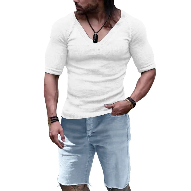 

Men's Summer V-Neck T-Shirt Sleeve Top Ripped Hip Hop Denim Shorts Street Fashion Outfit