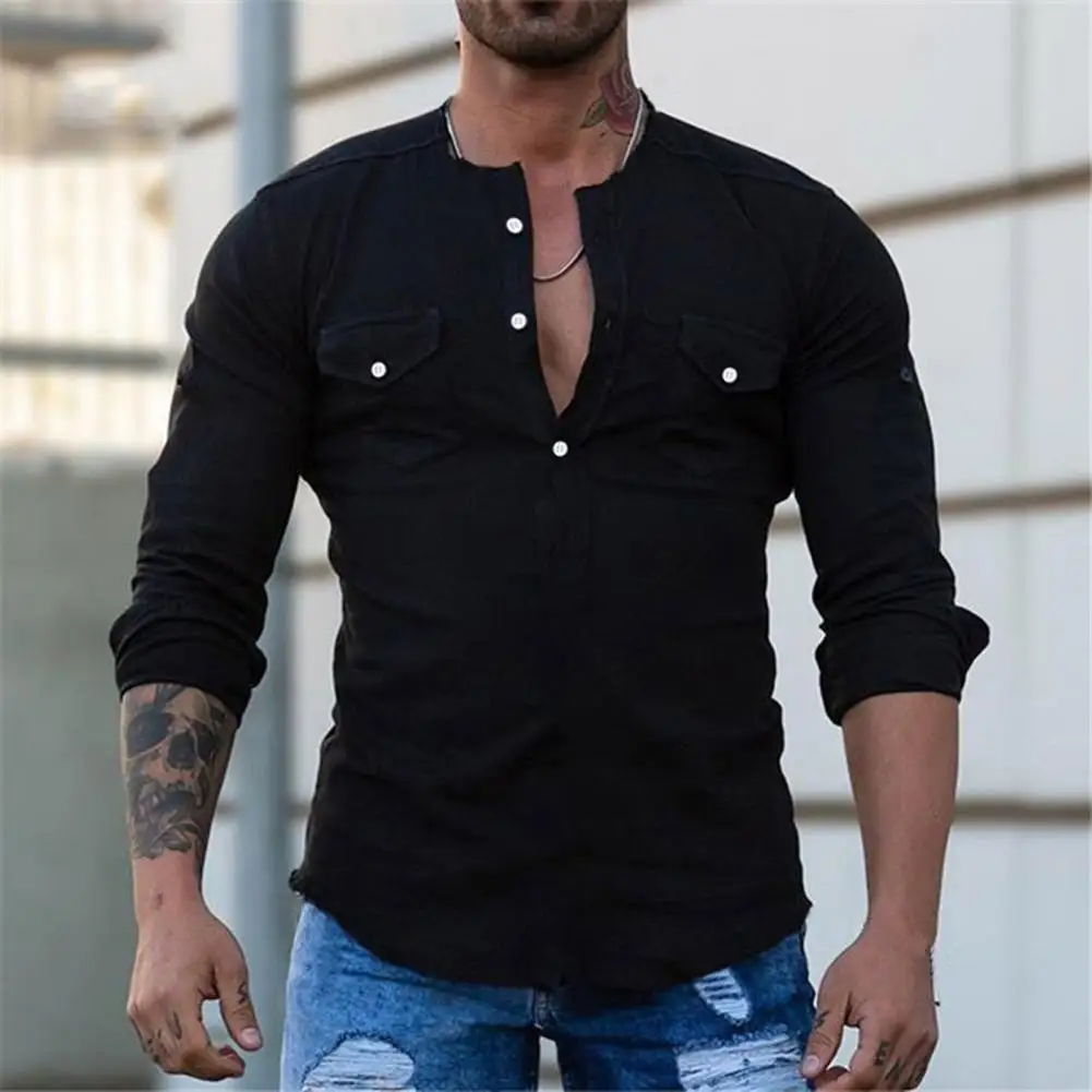 

Chic Shirt Breathable Flap Pockets Easy to Match Casual Pure Color Men Shirt