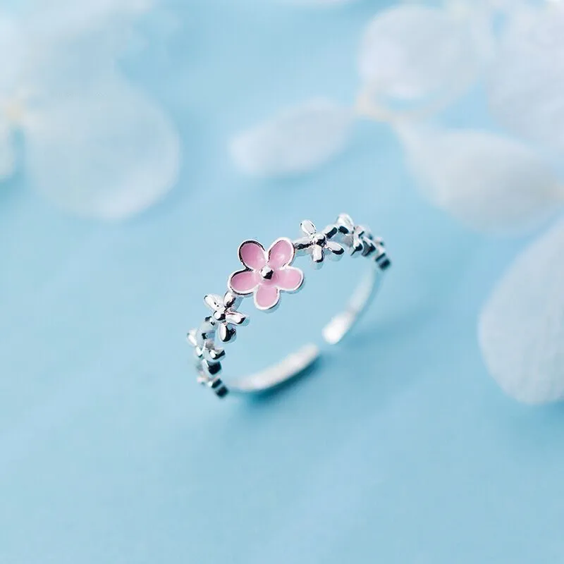 

VENTFILLE Silver Color Pink Flower Open Ring for Women Confidante Birthday Party Gift Sweet Charm Romantic Jewelry Dropshipping