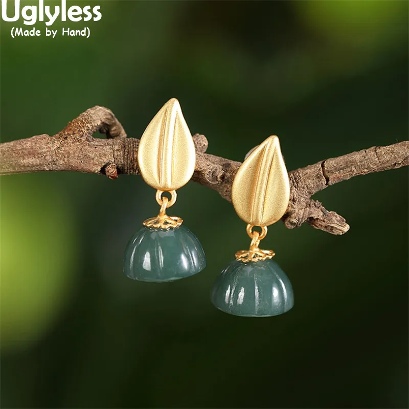 

Uglyless 100% Natural Jadeite Lotus Earrings for Women Gold Leaves 925 Silver Brincos Luxury Gemstones Earrings Lotus Flowers