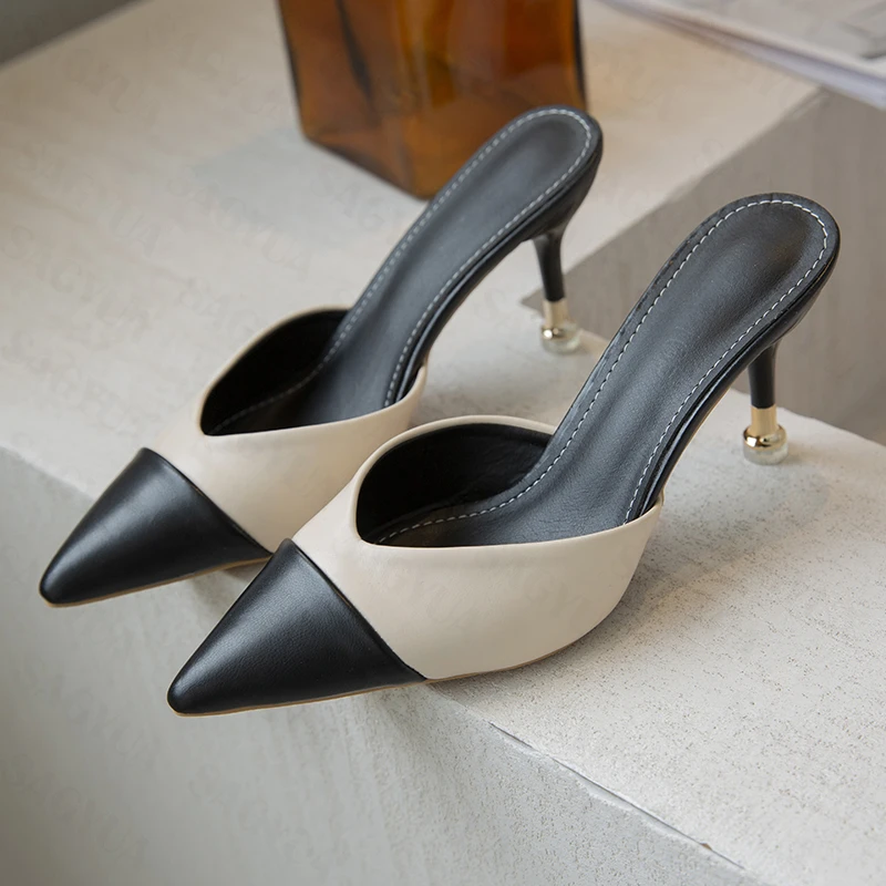

2022 Women High Heels Shoes Thick Sandals Summer New Pointed Toe Slippers Brand Sexy Pumps Party Designer Mujer Stilettos Slides