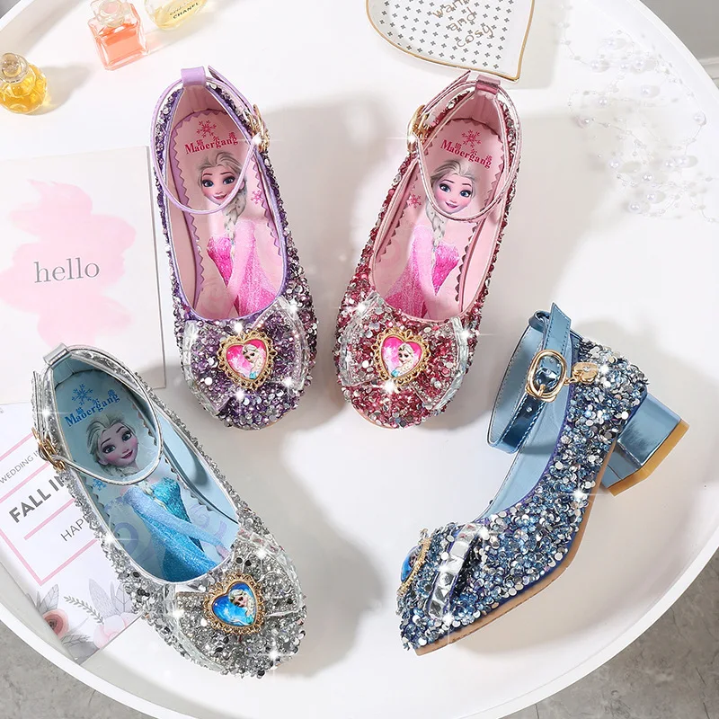 

Disney girls high heels autumn new children's princess casual shoes soft bottom anti-skid frozen crystal leather shoes