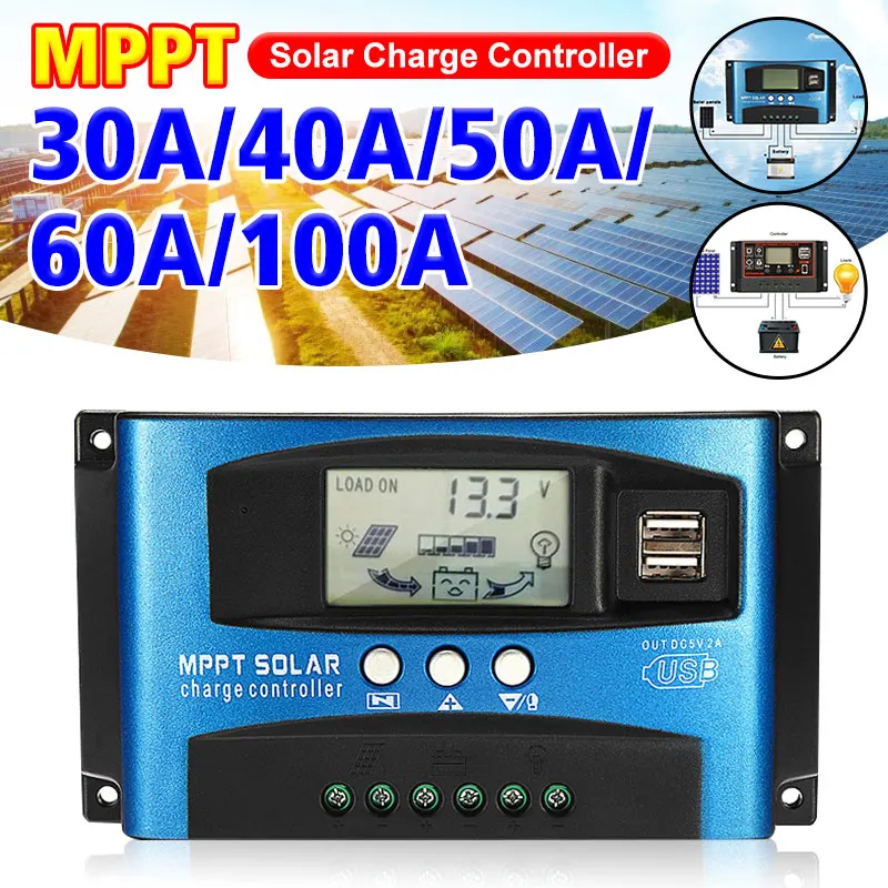 

30/40/50/60/100A MPPT Solar Charge Controller Dual USB LCD Display 12V 24V Auto Solar Cell Panel Charger Regulator With Load