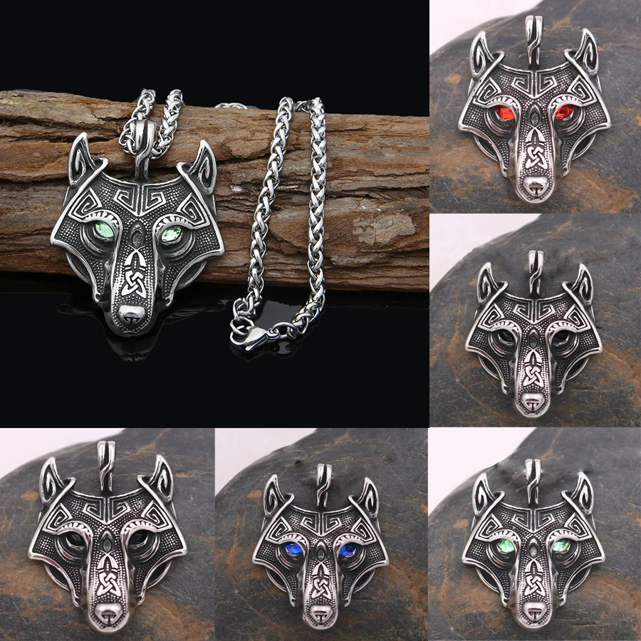 

Men Mtainless Steel Wolf Head Pendant Necklace Men Women 4 color Crystal Eyes Norse Viking Necklace Jewelry