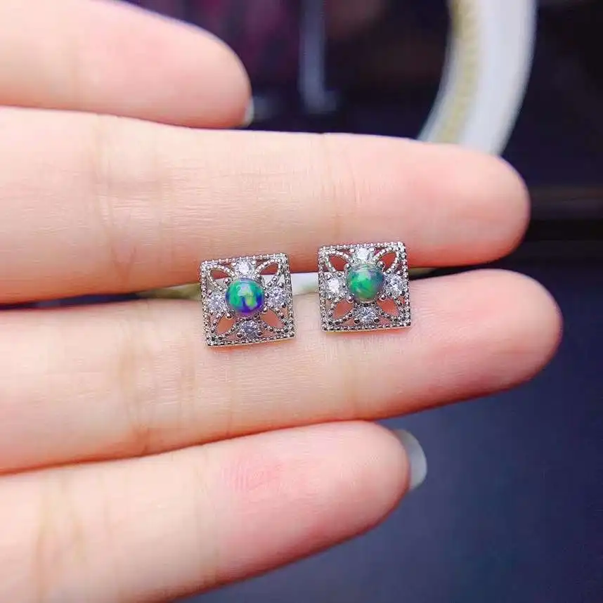 

Natural black opal stud earrings 925 silver natural gemstone earrings Luxurious Retro square Clover girl party gift jewelry