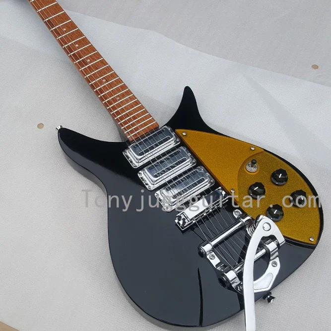 

RIC 325 Jetglo 6 Strings Black Electric Guitar Dark Brown Neck, Bigs Tremolo Tailpiece, Gold Pickguard, 3 Pickups