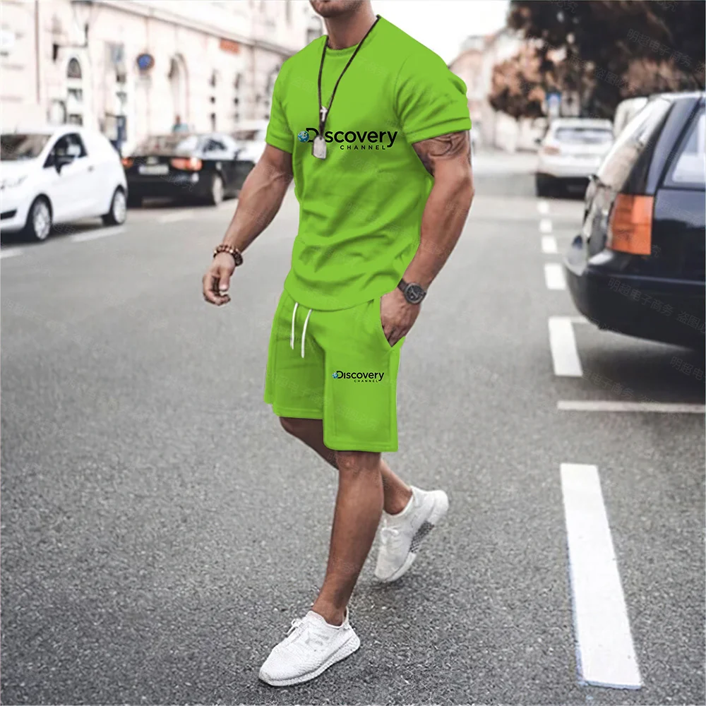 Men's Alphabet Discovery Personality Print O Neck Short Sleeve Drawstring Shorts Two Piece Fashion Casual Sports Suit Plus Size