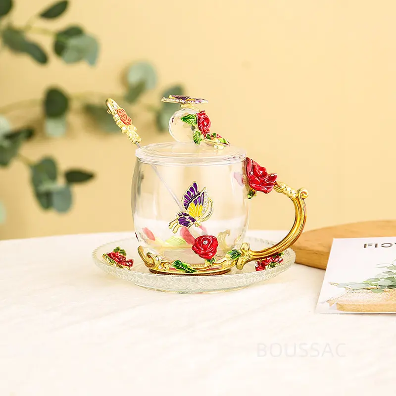 

Flange Glass Craft Enamel Color Water Cup Women's Home with Flower Tea Cup Creative Trend European Coffee Cup Drinking Set