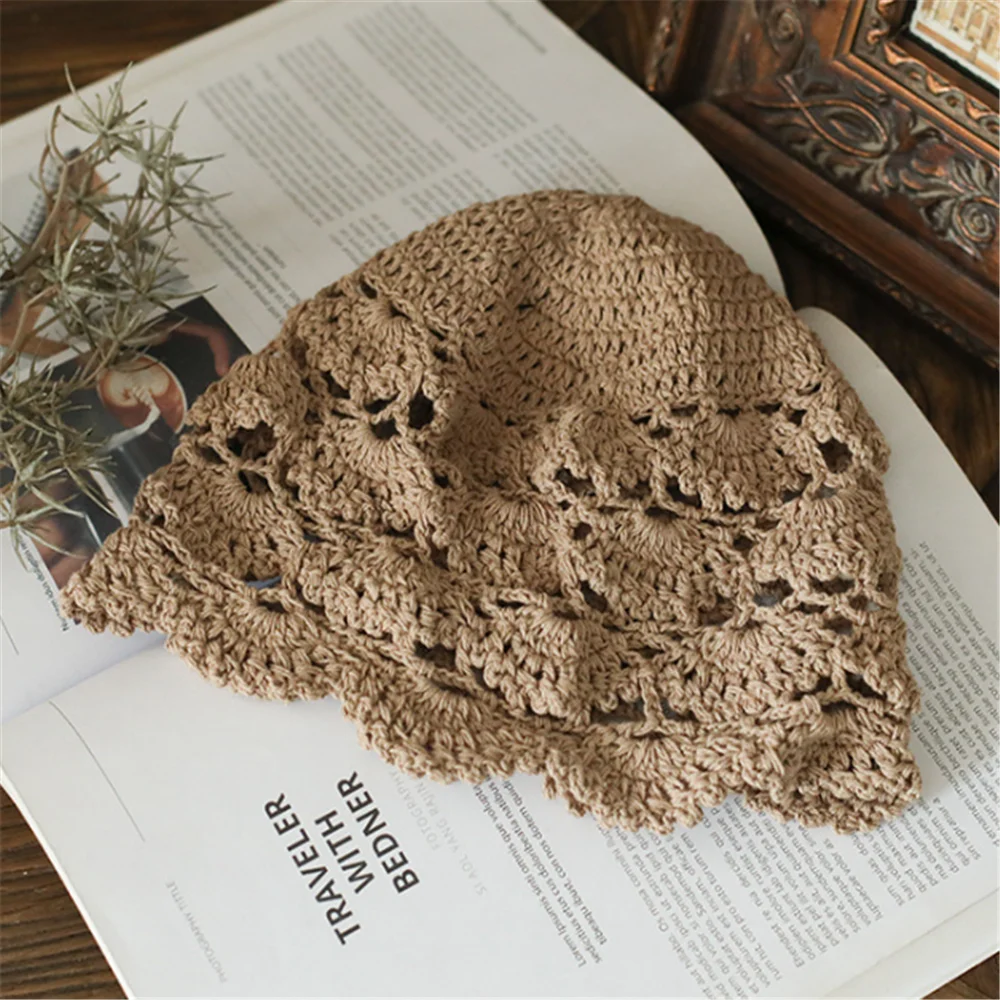 Hand-Knitted Flower Hollow Thin Cap Spring and Summer Lace Breathable Kerchief  Crochet Toe  Cotton Thread Hat Female