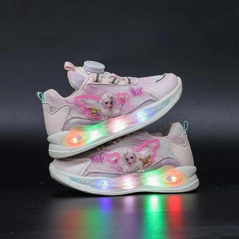 

Disney Girl's Casual Shoes Spring Summer Button Lights Girls' Sports Shoes Cartoon Princess Elsa Mermaid Pink Shoes Size 25-35