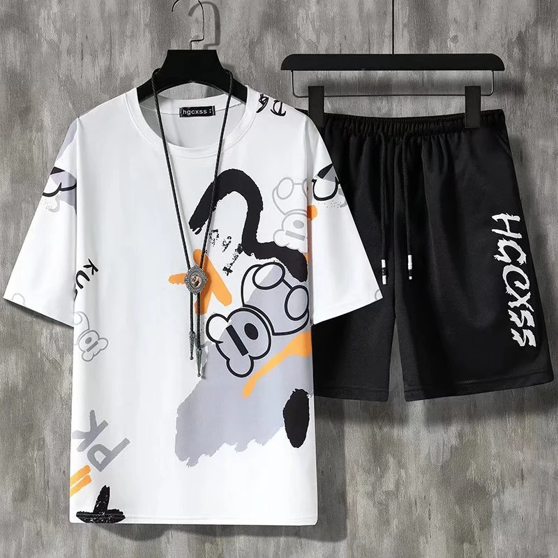 Men Short Sets 2023 Summer Harajuku T-shirt and Shorts Two Piece Set Fashion Casual Outfit Set Short Sleeve Male Tracksuit 5XL