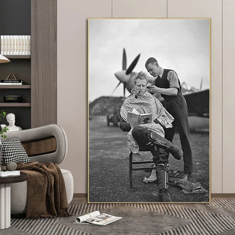 Черно-белый декор для парикмахерской, ВИНТАЖНАЯ фотография WW2 Pilot, плакат для стрижки, принты для парикмахерской, Настенная картина на холсте, подарок для парикмахеров