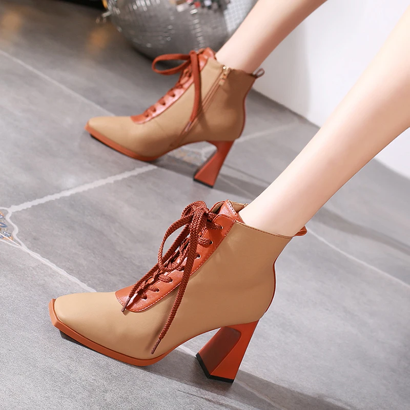 ZOOKERLIN Mixed Color Cross Straps Tapered Heels Women's Boots Winter Fashion Ankle Boots PU Leather Weave Lace Up Woman Booties