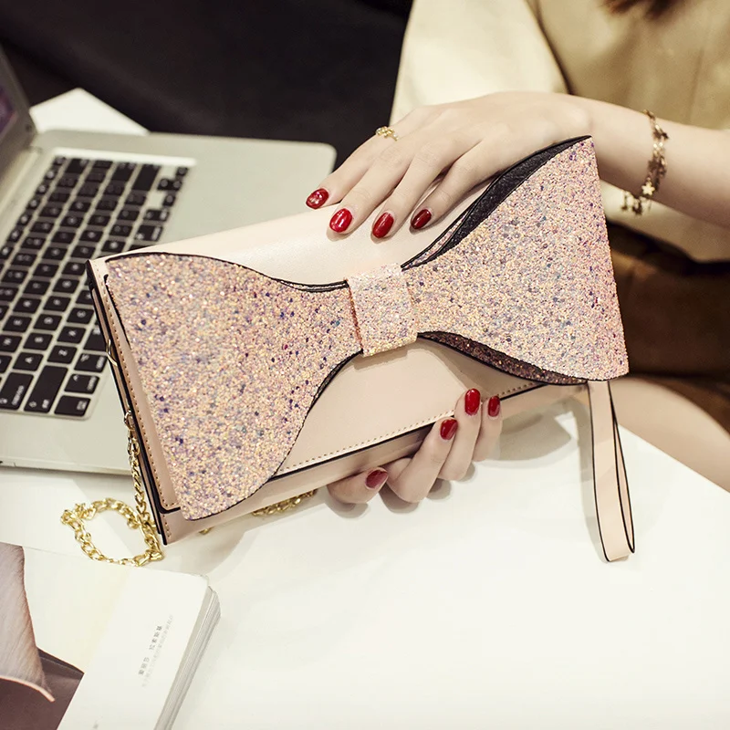 

Fashion Bow Women clutch Sparkling luxury lady evening bags chain messenger bag for female Shoulder bag Women's Clutches purse