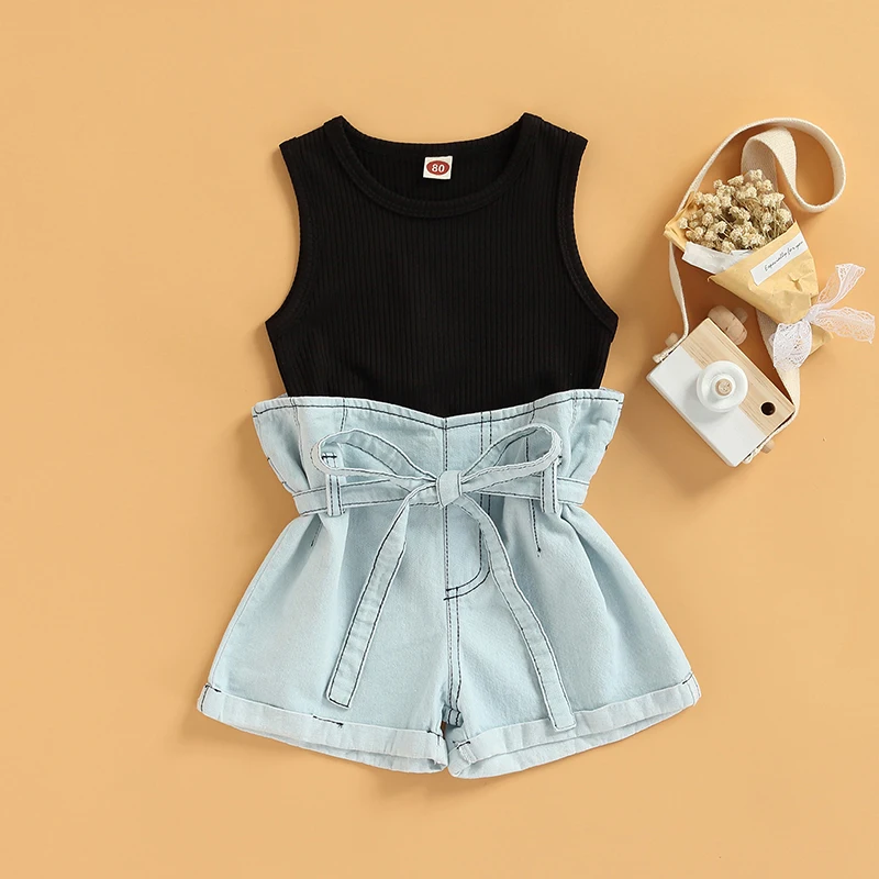 

1-6Y Fashion Toddler Girls Clothes Sets Solid Sleeveless Vest Tops+High Waist Blue Denim Shorts 2pcs Summer Clothing
